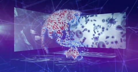 Floating binary globe in studio showing holographic platform, network mesh, cell Stock Photos