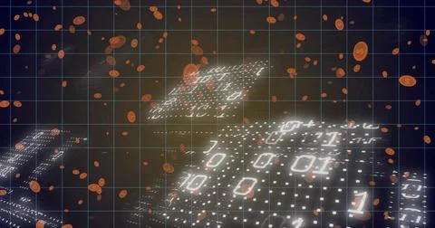 Floating binary platform of 1s and 0s moving through cyberspace, with blue Stock Illustration