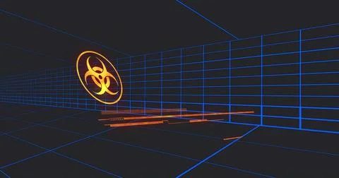 Floating biohazard emblem left in corridor, with blue grid, orange-strips, re Illustrazione stock