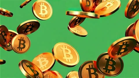 Floating Bitcoin Coins on Green Background Stock Footage 325317386