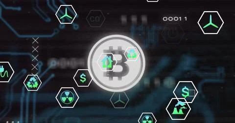 Floating Bitcoin symbol over circuit backdrop, with wind turbine, dollar, Stock Illustration