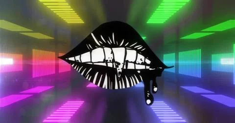 Floating black and white stylized lips dripping drop in neon-lined corridor,  Stock Illustration