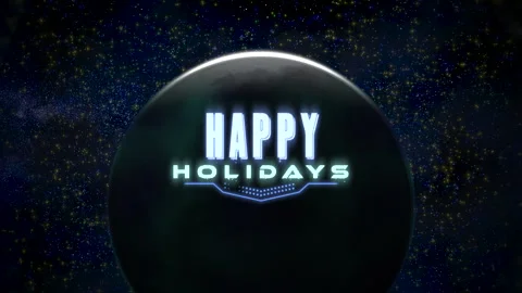 Floating black ball adorned with blue neon Happy Holidays in a starry space Stock Footage 279654249