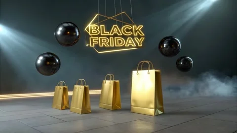 Floating Black Friday Display with Golden Bags and Spheres in Zero Gravity Stock Footage 293594306