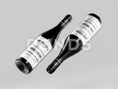 Floating Black Glass Wine Bottles Packaging Mockup on Gray Background PSD Template