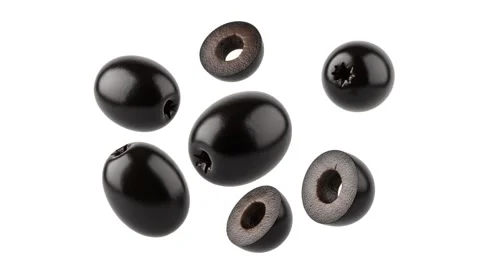 Floating black olives isolated on white Stock Footage 339340693