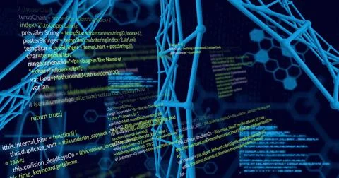Floating blue 3D wireframe lattice rotating, glowing in cyberspace, with code Stock Illustration