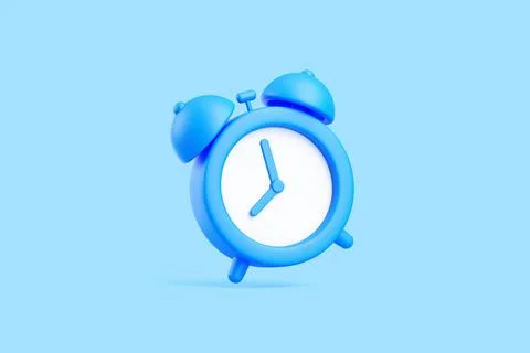 Floating Blue Alarm Clock on Light Blue Background, 3D Render Stock Illustration