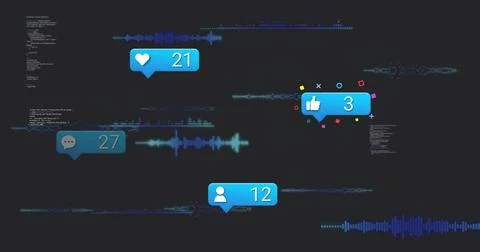 Floating blue alert badges over teal waveforms on dark slate dashboard, showing Stock Illustration
