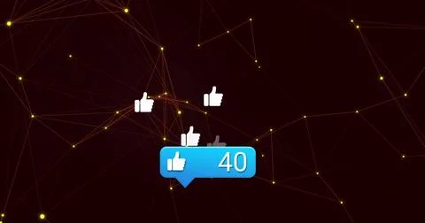 Floating blue alert bubble showing white thumbs-up 40 badge over maroon network Stock Illustration