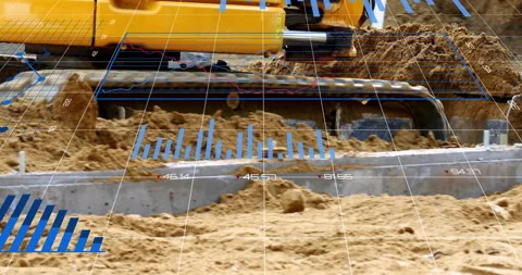 Floating blue analytics fading, tracked drilling rig descending auger into sand Stock Footage 314408021