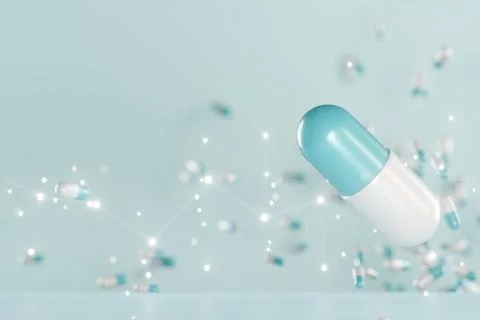 Floating blue and white capsule pill surrounded by sparkling particles Illustrazione stock