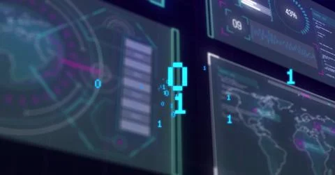 Floating blue binary digits drifting across control station panels, with bar Stock Photos