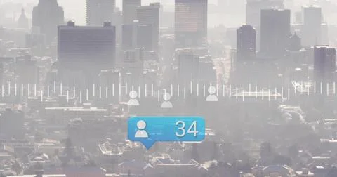 Floating blue bubble showing user icon number 34 over hazy skyline, with user Stock Photos