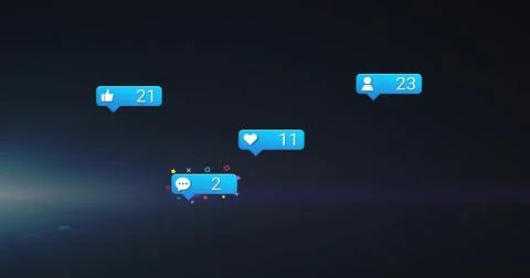 Floating blue bubbles over dark gradient flare showing confetti thumbsup21 he Illustrazione stock