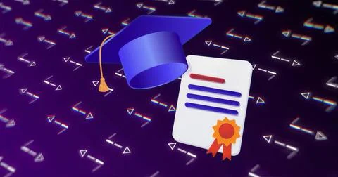 Floating blue cap with yellow tassel and diploma with ribbon over purple back Stock Illustration