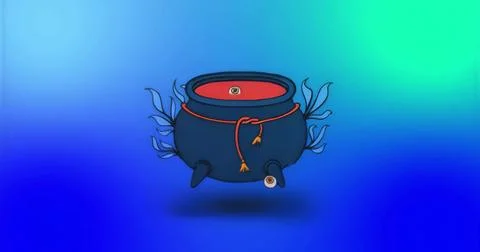 Floating blue cauldron containing red liquid, eyeballs with orange cord, vines Stock Illustration