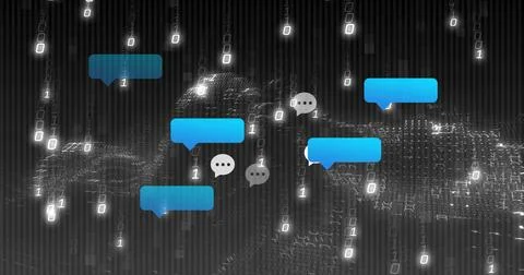 Floating blue chat bubble cluster glowing in cyberspace, with falling binary Stock Illustration
