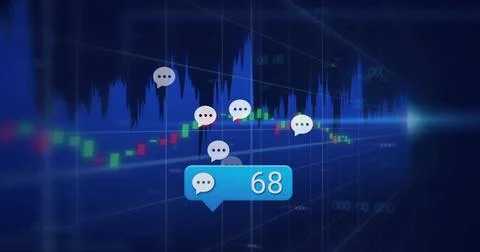 Floating blue chat bubble showing 68 on dashboard, with candlestick bars and Illustrazione stock