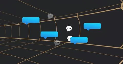 Floating blue chat bubbles and white-gray icons receding into VR gold grid tu Stock Illustration