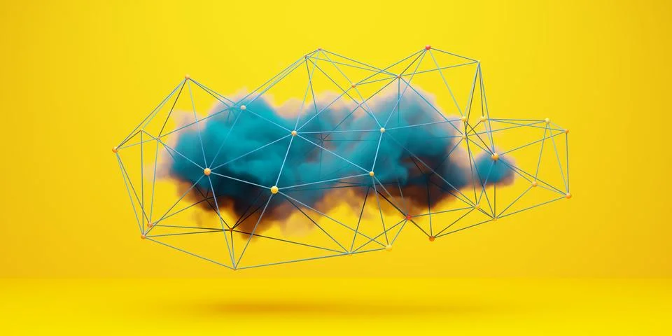 Floating blue cloud object surrounded by wireframe shape over yellow backgr.. 스톡 일러스트