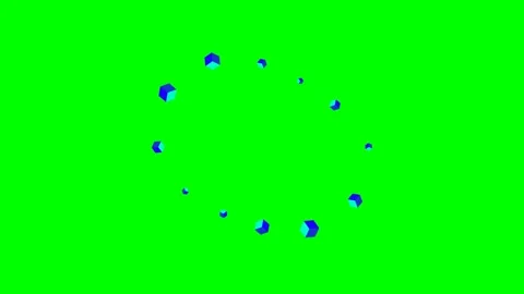 Floating blue cubes arranged in a circular formation on a green background Stock Footage 340266250