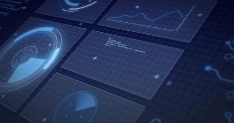 Floating blue data panels forming dashboard in virtual grid, with radar pie Stock Photos