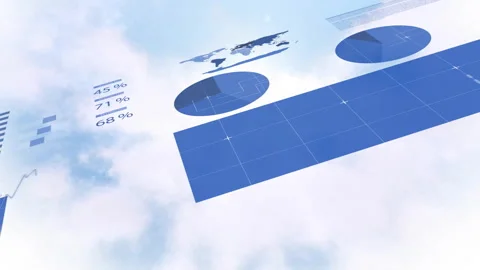 Floating blue data visualization elements drifting over cloudy sky in Stock Footage 309112667