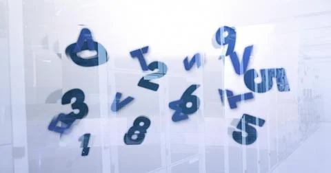 Floating blue digits drifting through data center aisle, with server racks and Stock Photos