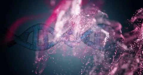 Floating blue DNA double helix spiraling in dark teal-to-black backdrop, with Stock Illustration