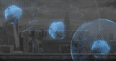 Floating blue dotted globe over skyscrapers from concrete ledge with digital Stock Photos