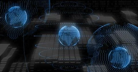 Floating blue dotted wireframe globe hovering over glossy grid plane, with Stock Illustration