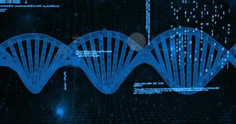 Floating blue double helix pulsing across virtual 3D grid plane, showing code イラスト素材