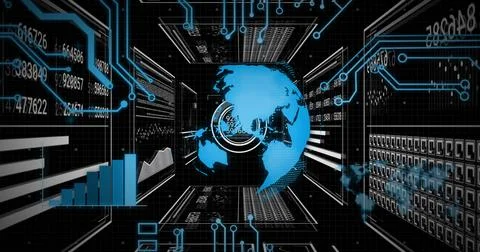 Floating blue Earth globe rotating inside data tunnel, with bar chart and 库存照片