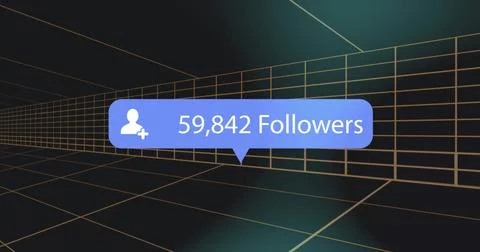 Floating blue follower bubble in 3D grid, showing user icon plus badge and Stock Photos