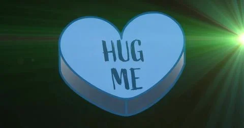 Floating blue heart-shaped candy displaying HUG ME text in dark void, green l Stock Illustration
