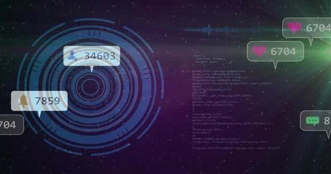 Floating blue HUD interface in digital starfield with notifications, code and Stock Illustration