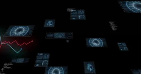 Floating blue HUD panels centering in virtual void, showing radial dials, map Stock Illustration