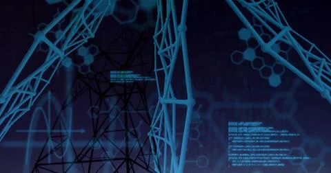 Floating blue lattice nodes in digital grid, with power tower silhouette and  Foto stock