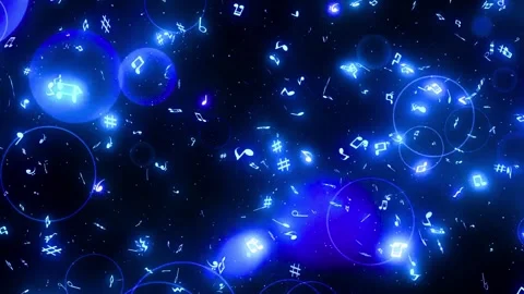 Floating blue musical notes with glowing bokeh circles on dark background Stock Footage 345076583