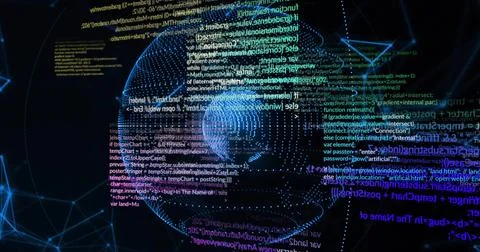 Floating blue network globe showing colorful code streams in virtual cyberspace, Stock Illustration