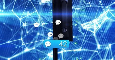 Floating blue notification bubble presenting 42 over data center server cabinet, Illustrazione stock