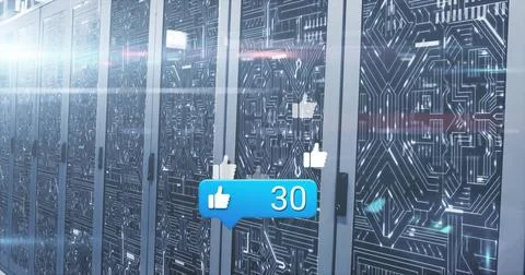 Floating blue notification bubble showing 30 likes above server aisle, with 스톡 일러스트