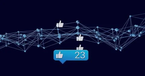 Floating blue notification bubble showing thumbs-up 23 over digital network with イラスト素材
