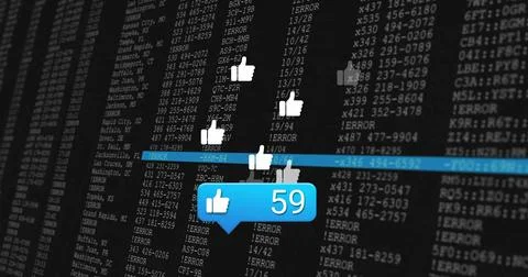 Floating blue notification bubble showing 59 likes over terminal, with thumbs-up Stock Photos
