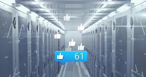 Floating blue notification bubble showing 61 thumbs-up above server racks in Stock Photos