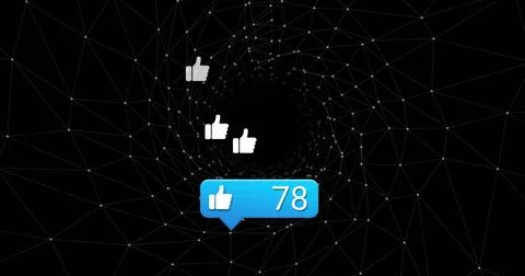 Floating blue notification bubble showing 78 likes in digital network vortex, Stock-Fotos