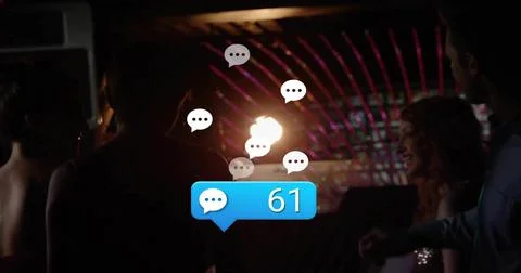 Floating blue notification bubble showing 61 hovering over club with neon LED Stock Photos