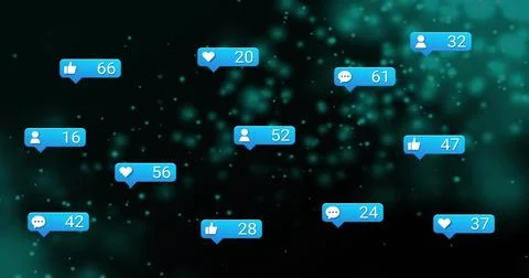 Floating blue notification bubbles moving over dark teal gradient showing num Illustrazione stock