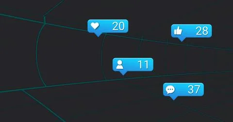Floating blue notification bubbles moving above teal grid tunnel, showing counts Stock Illustration